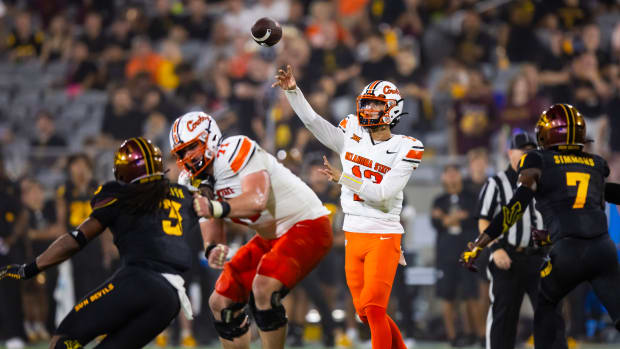 Sep 9, 2023; Tempe, Arizona, USA; Oklahoma State Cowboys quarterback Garret Rangel (13) against the Arizona State Sun Devils at Mountain America Stadium. Mandatory Credit: Mark J. Rebilas-USA TODAY Sports